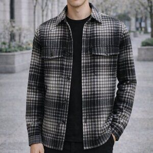 AllSaints Men’s Black White Check Wool Blend Bronxville Overshirt Shacket M NWT
